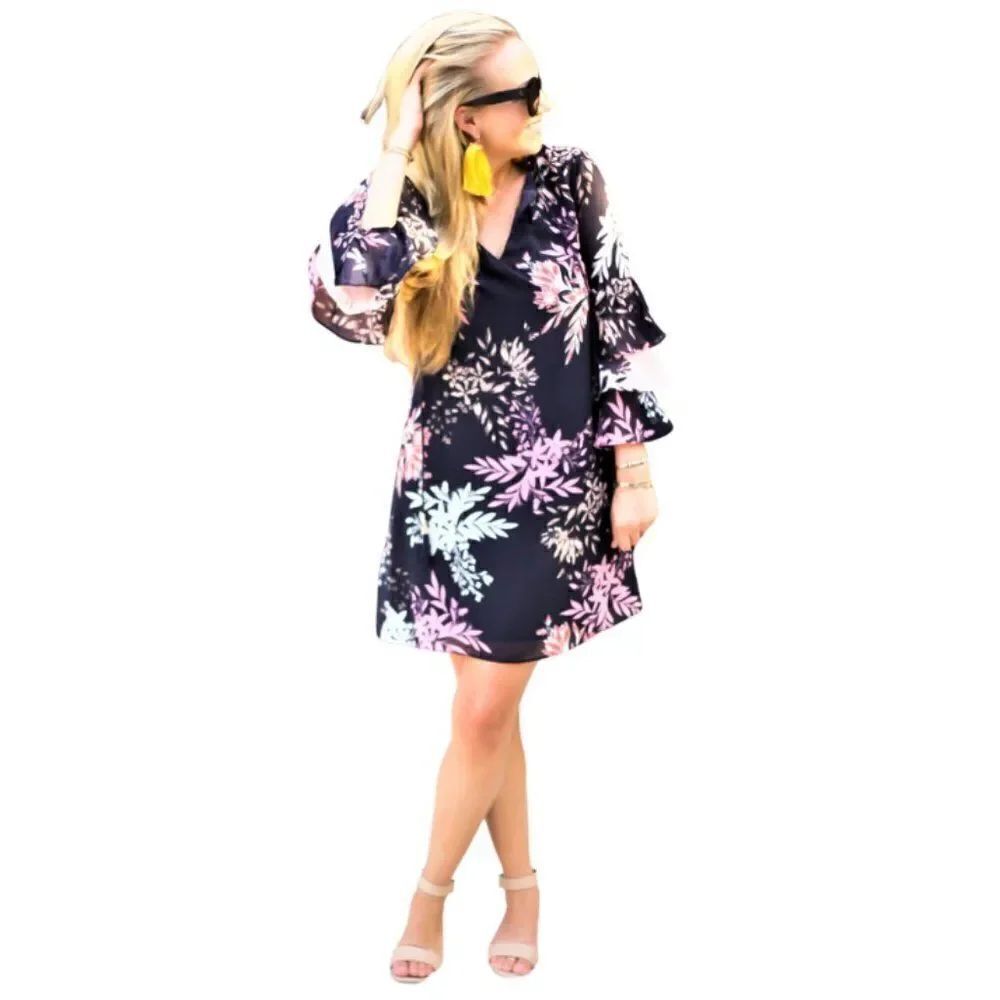 Tiered Waterfall Bell Sleave Dress Navy Floral Print Leather Tassel Embelishment